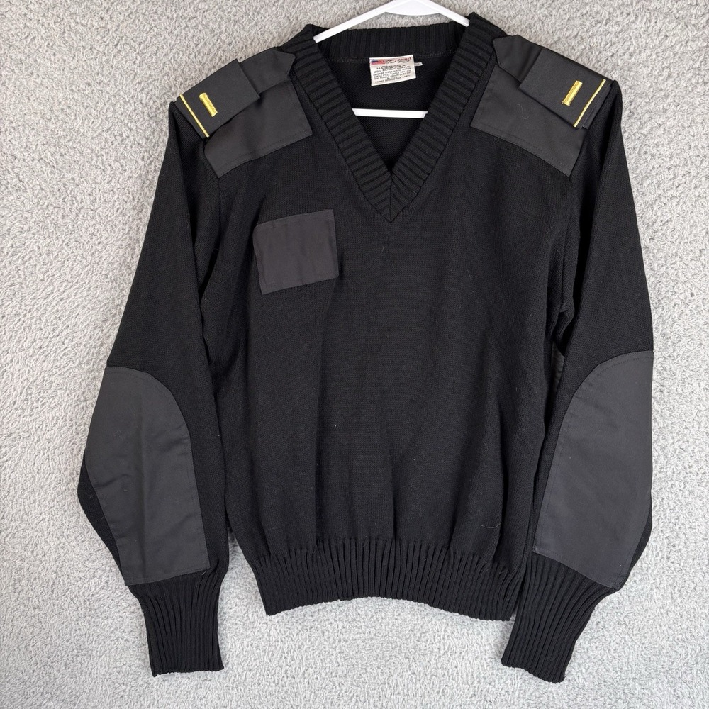 Commando by Jack‎ Young Sweater Mens L Black Military V Neck Knit Elbow Patches